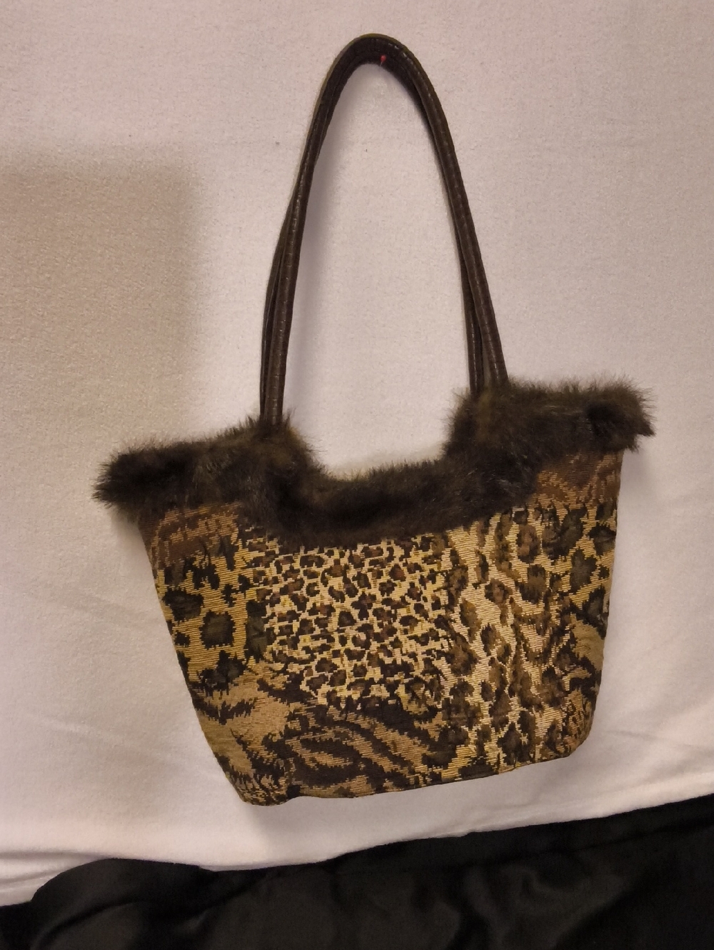 Vintage Bueno Leopard Print Tote with Brown Faux Fur Trim,,3 Compartments Ect
